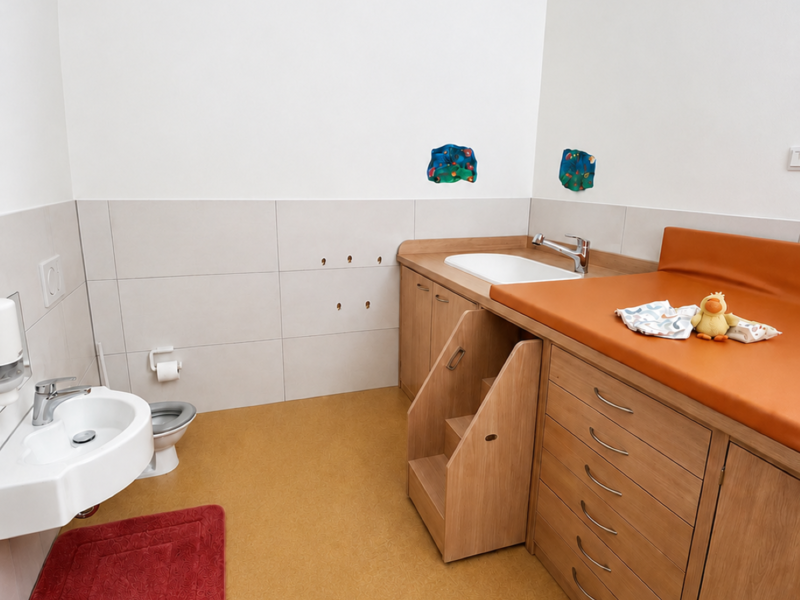 Ein Badezimmer mit einem weißen Waschbecken, einer niedrigen Toilette, einem roten Teppich, einem Wickelbereich mit orangefarbener Auflage und einer Holzaufstiegshilfe.